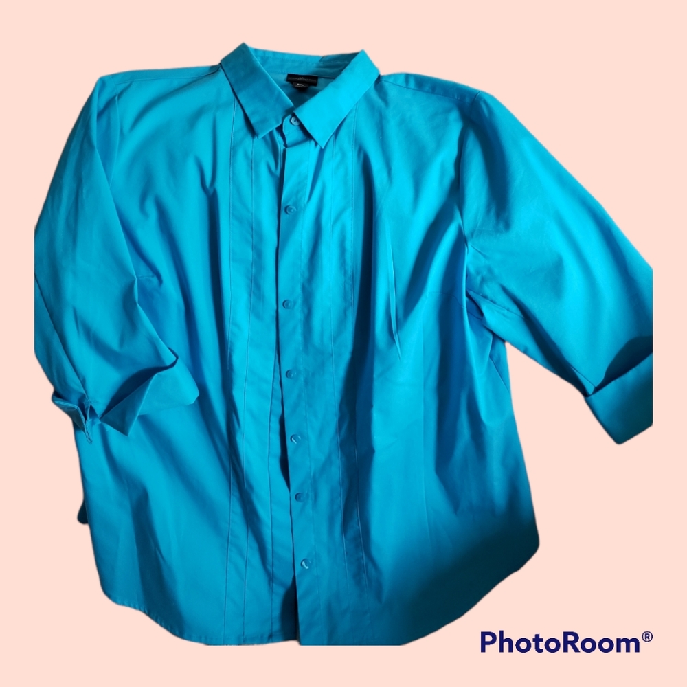 Worthington Women's Petite Bright Blue ¾ Sleeve Button Down Shirt, Size …